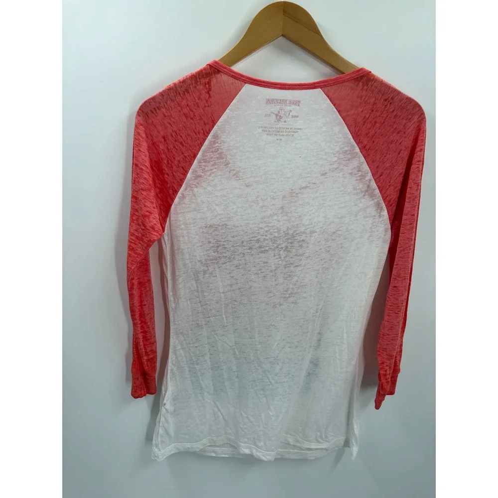 True Religion Womens Red White Rhinestone Logo Raglan 3/4 Sleeve Top M NWOT